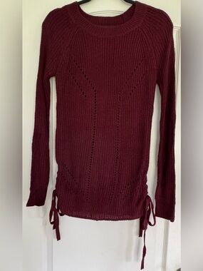 SO Burgundy Chunky Knit Sweater Side Tie Lace Up Cozy Cottagecore Boho S